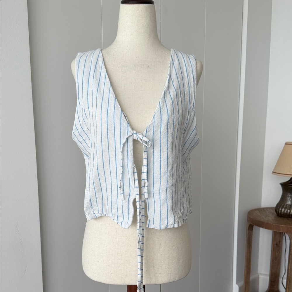 Elegant Blue and White Striped Tie-Front Blouse